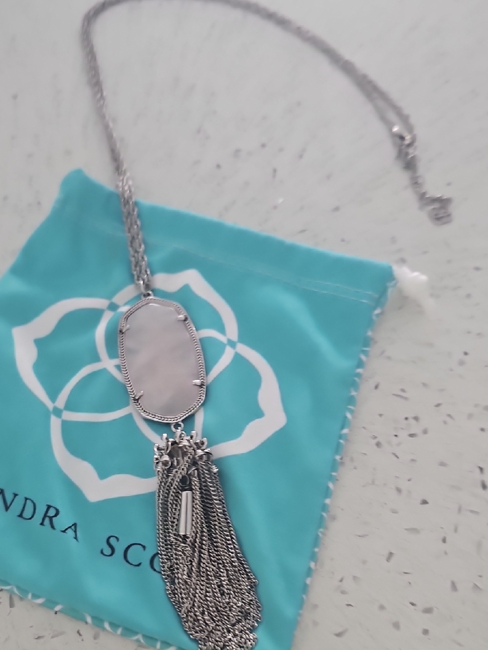 Kendra Scott Silver Elle Pendant Necklace with White/Pink Quartz Stone